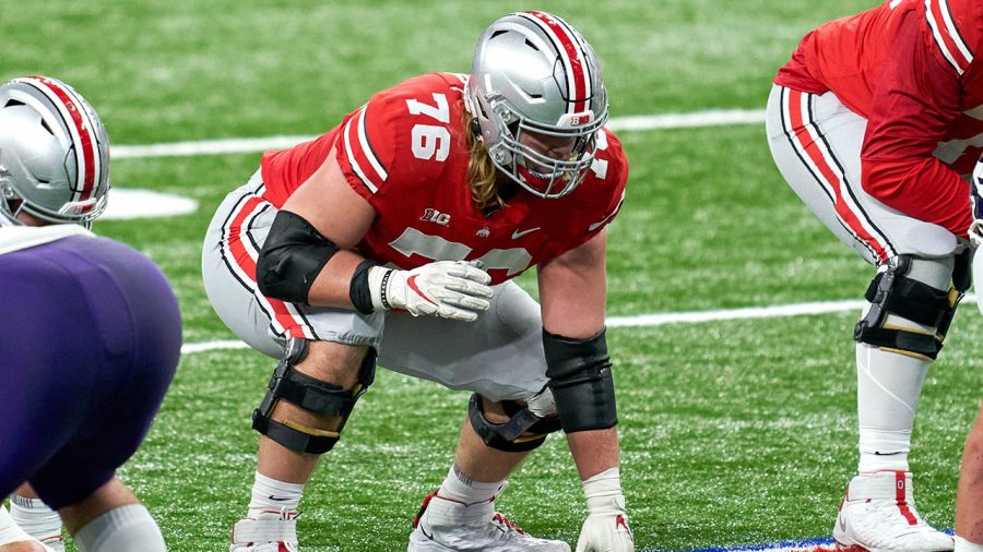 INDIANAPOLIS, IN - DECEMBER 19: Ohio State Buckeyes offensive lineman Harry Miller (76) in action during the Big Ten Championship game between the Ohio State Buckeyes and the Northwestern Wildcats on December 19, 2020 at Lucas Oil stadium, in Indianapolis, IN. (Photo by Robin Alam/Icon Sportswire via Getty Images)