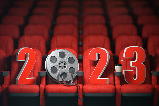 Happy new 2023 year in cinema red seats. 2023 cinema and movie season concept. 3d illustration