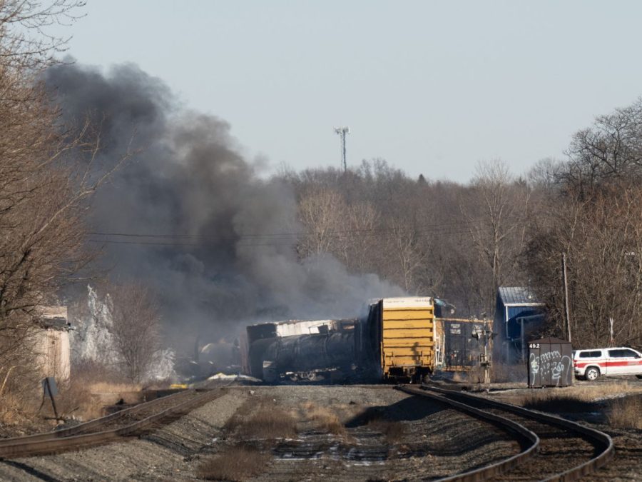 Smoke+rises+from+a+derailed+cargo+train+in+East+Palestine%2C+Ohio%2C+on+February+4%2C+2023.+-+The+train+accident+sparked+a+massive+fire+and+evacuation+orders%2C+officials+and+reports+said+Saturday.+No+injuries+or+fatalities+were+reported+after+the+50-car+train+came+off+the+tracks+late+February+3+near+the+Ohio-Pennsylvania+state+border.+The+train+was+shipping+cargo+from+Madison%2C+Illinois%2C+to+Conway%2C+Pennsylvania%2C+when+it+derailed+in+East+Palestine%2C+Ohio.+%28Photo+by+DUSTIN+FRANZ+%2F+AFP%29+%28Photo+by+DUSTIN+FRANZ%2FAFP+via+Getty+Images%29