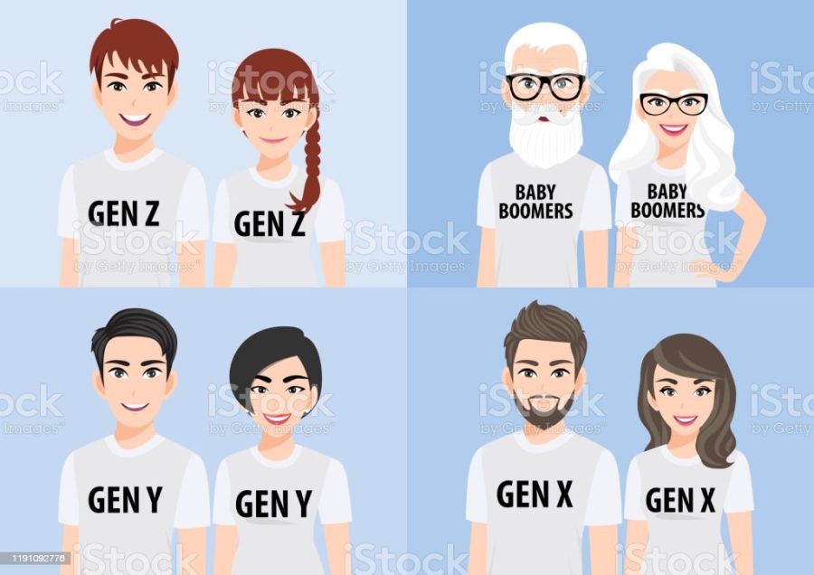 Cartoon+character+with+generations+concept.+Baby+boomers%2C+generation+x%2C+generation+y+or+millennial%2C+generation+z.+Family+people+in+white+T-shirt+casual+on+blue+background%2C+flat+icon+design+vector